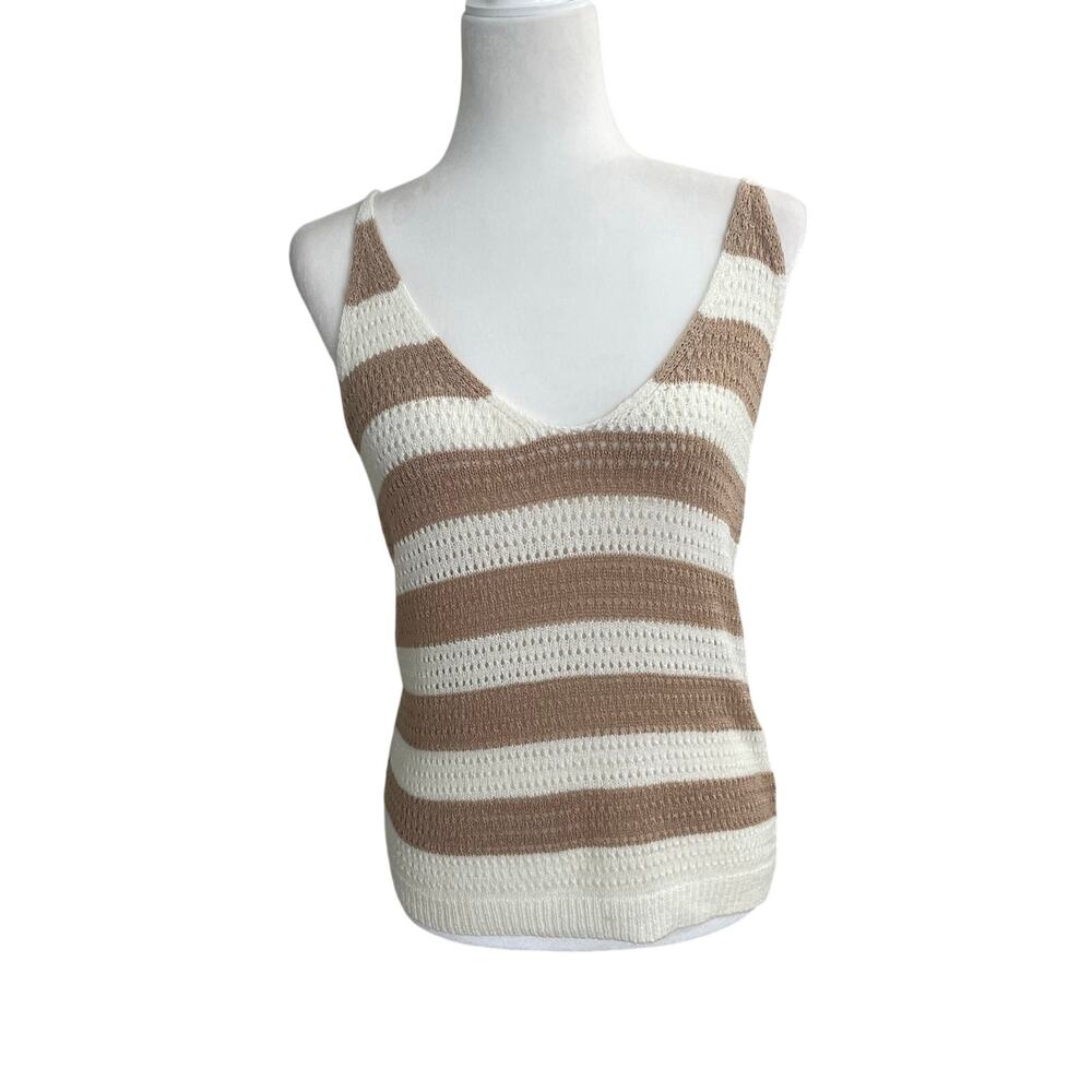 Coastal Striped Knit Tank Top XS Neutral- Beachy Boho Sweater Cami